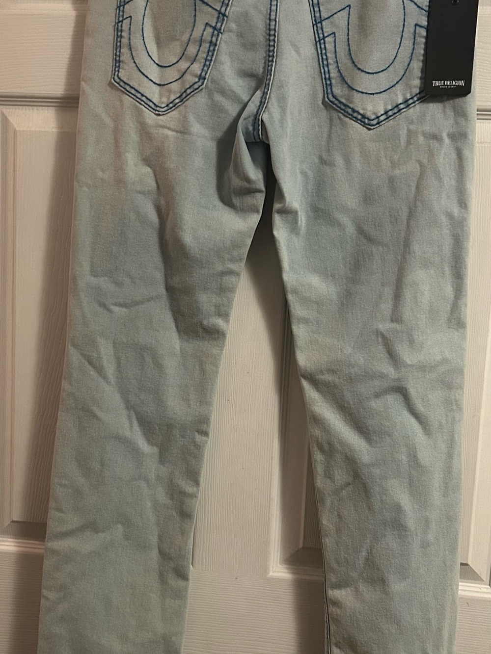 True Religion Men's Pale Blue Skinny Jeans with Signature Pocket Stitch
